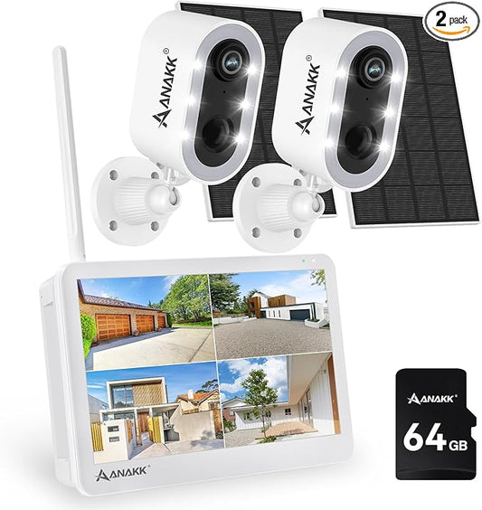 4MP Wireless Security Camera System with 10" LCD Monitor & 64G Card, Outdoor/Indoor WiFi Home Surveillance 24/7 Recording Motion Detection Color Night Vision Two-Way Voice Expandable 10CH