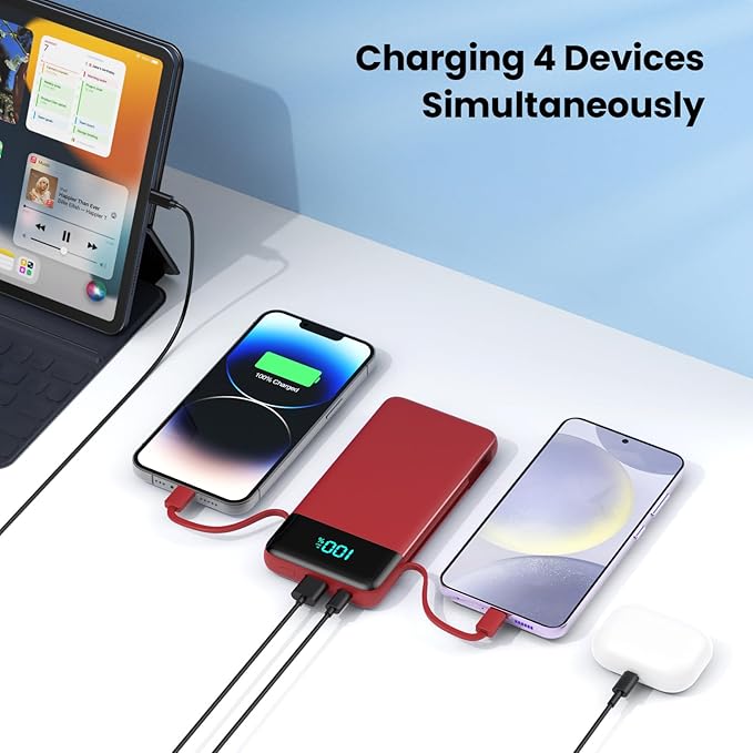Portable Charger Power Bank with Built in Cables and Wall Plug,13800mAh Portable Battery Pack Fast Charging Compact LED Display Phone Charger Compatible with iPhone 16/15,Galaxy S23,Tablets etc