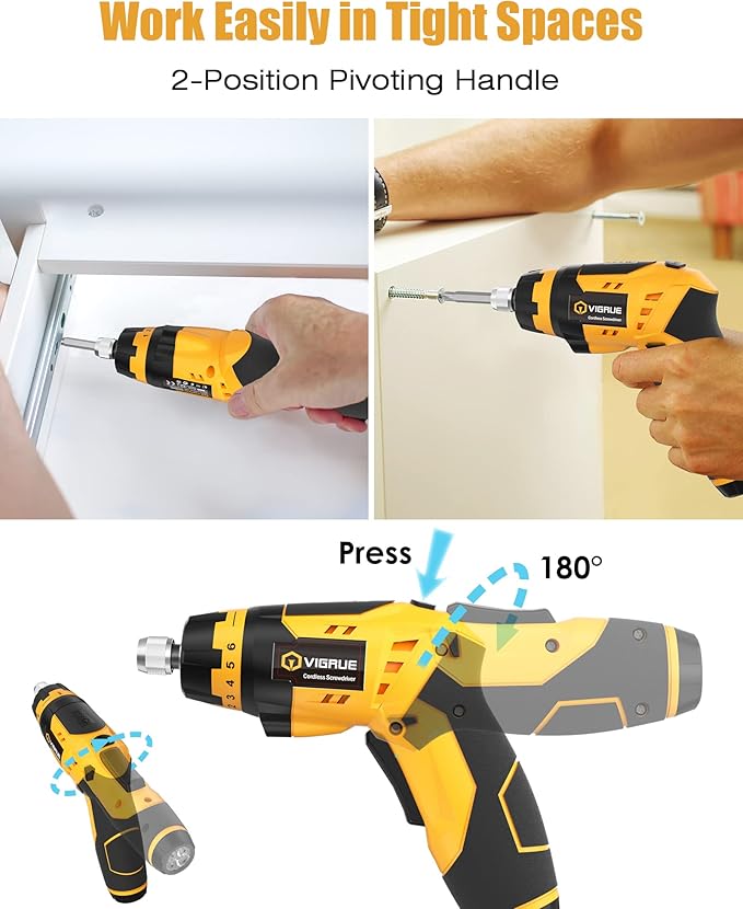 VIGRUE Cordless Screwdriver Set, Rechargeable Electric Screwdriver with 45 Free Accessories, Battery Indicator, 7 Torque Setting, 2 Position Handle with LED Light, Flexible Shaft