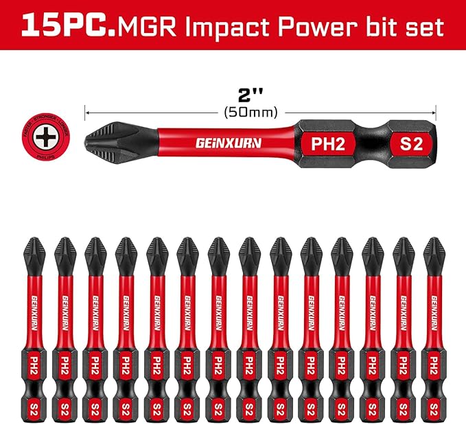 Impact Tough #2 Phillips 2 in. Anti-slip Head Insert Driver Bits,15Pack 1/4 Inch Hex Shank Cross Magnetic PH2 Screwdriver Bits Set