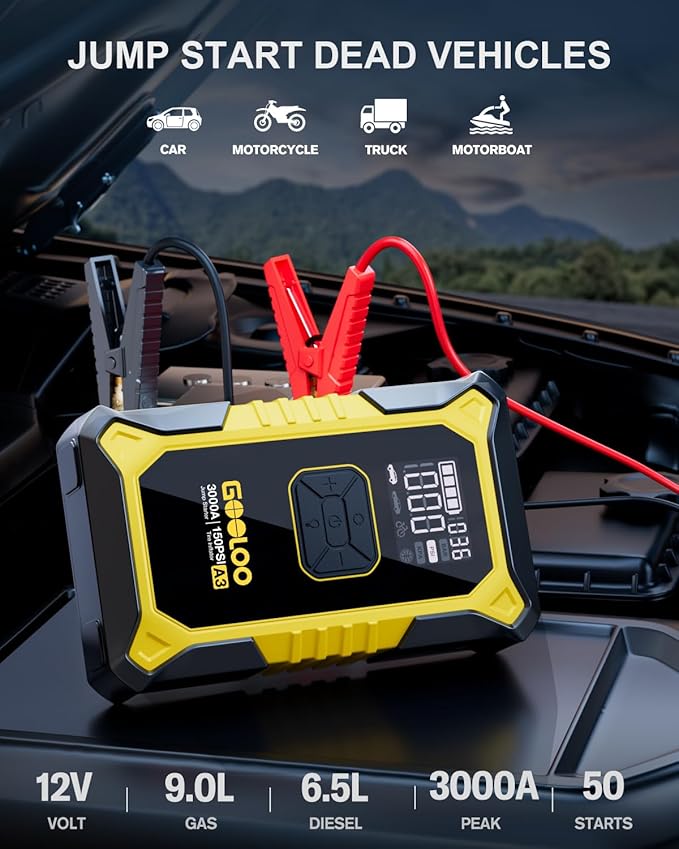 GOOLOO A3 Jump Starter with Air Compressor, 3000A Portable Car Battery Jumper Starter (9.0 Gas/6.5L Diesel) with 150PSI Auto-Shutoff Tire Inflator, 12V Supersafe Lithium Jump Box Car Booster, Yellow