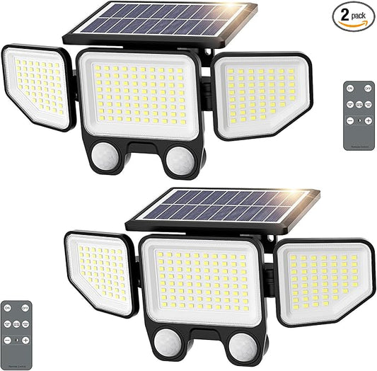 Onforu Solar Lights Outdoor, 3000LM 180 LED Motion Sensor Flood Lights with Remote Control, 3 Modes, IP65 Waterproof Security Lights for Yard, Pathway, Garden, Pool, Garage, 2 Pack