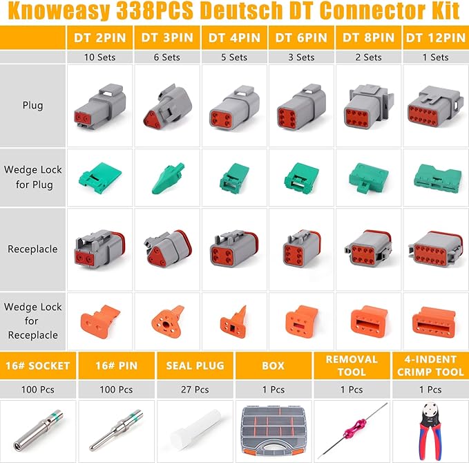 Knoweasy 338pcs DT Deutsch Connector Kit - 2/3/4/6/8/12 Pin Connectors, Deutsch Crimping Tool, Removal Tool, Waterproof Automotive Electrical Connector