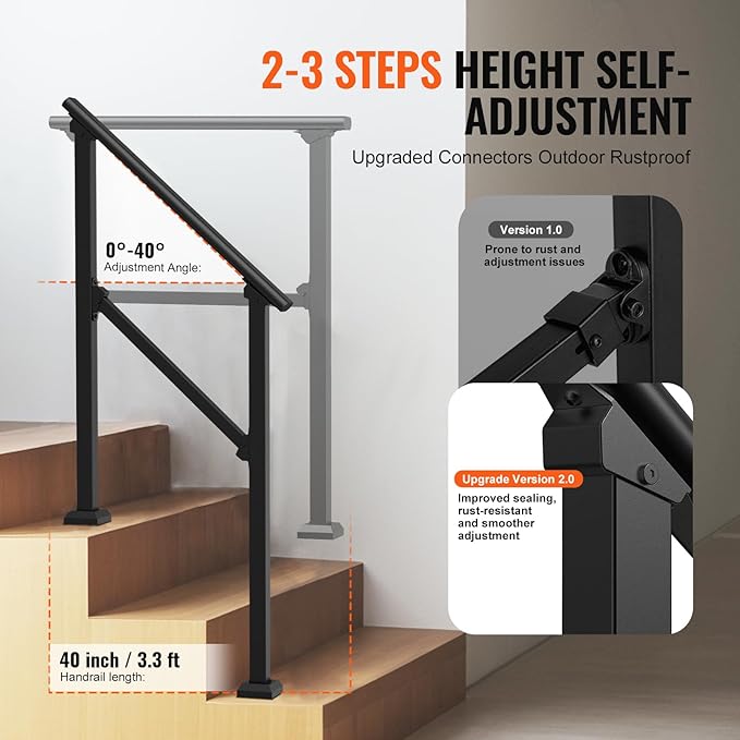 VEVOR Handrails for Outdoor Steps, 2 PCS 2 Step Stair Hand Rail Kit, Transitional Carbon Steel Railings with Installation Kit, Stair Rails for Seniors, Concrete & Porch & Deck, Black Square Tube