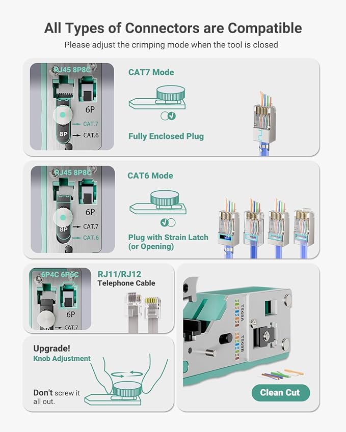 VCELINK RJ45 Crimp Tool, All-In-One Ethernet Crimper for CAT7/CAT6A/CAT6/CAT5E/CAT5, No Screwdriver Needed RJ45 and RJ11/RJ12 Crimping Tool, with An Adjustable Knob, Green