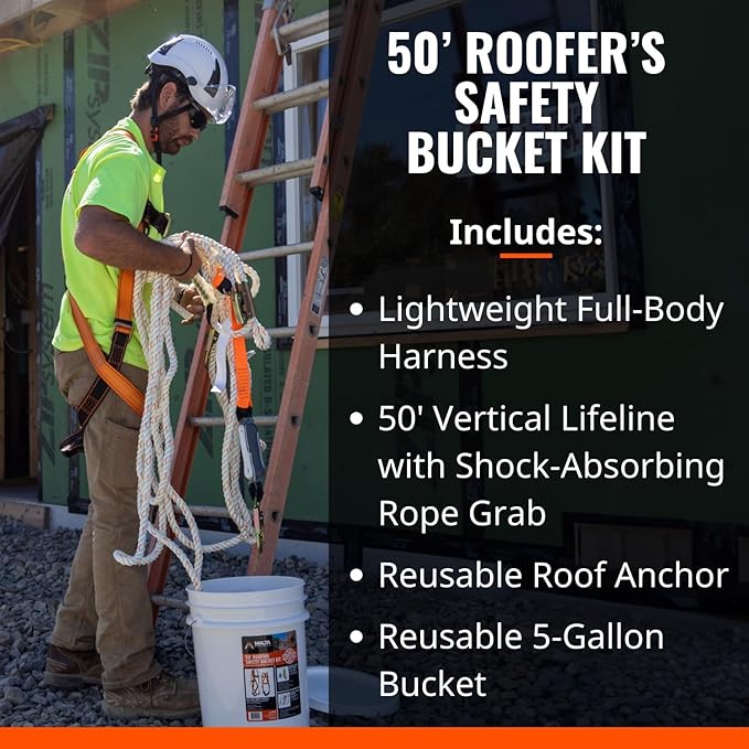 Malta Dynamics 50’ Roofer's Safety Bucket Kit – Warthog Pass-Thru Safety Harness, Reusable Roof Anchor, and 50’ Vertical Lifeline Assembly, OSHA/ANSI Compliant