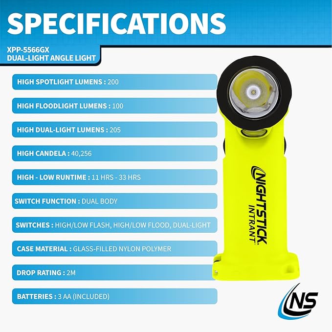 Nightstick XPP-5566GX Intrant Intrinsically Safe Dual Angle Light - 3 in 1 Flashlight, Floodlight, Dual-Light - 8 Brightness Modes - Green