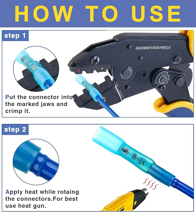 haisstronica Crimping Tool For Heat Shrink Set with 200PCS AWG 22-10 Marine Grade Butt Connectors and Wire Stripper