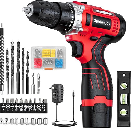 GardenJoy Cordless Power Drill Set: 12V Electric Drill with Battery and Charger, 65pcs Acessories, 3/8"Keyless Chuck, 2 Variable Speed, 24+1 Position, Compact Drill Driver Kit for Home & DIY Project