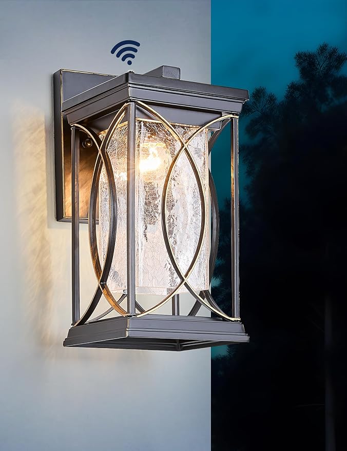 Dusk to Dawn Outdoor Wall Light Black with Gold Trim Modern Exterior Sconce Aluminum Waterproof Coach Light Fixture with Crack-Like Glass Outside Wall Lantern for House Garage Porch Lighting