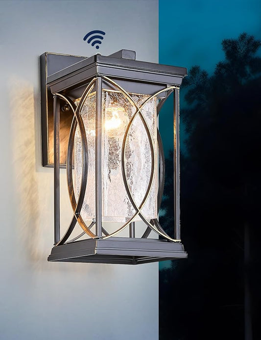 Dusk to Dawn Outdoor Wall Light Black with Gold Trim Modern Exterior Sconce Aluminum Waterproof Coach Light Fixture with Crack-Like Glass Outside Wall Lantern for House Garage Porch Lighting