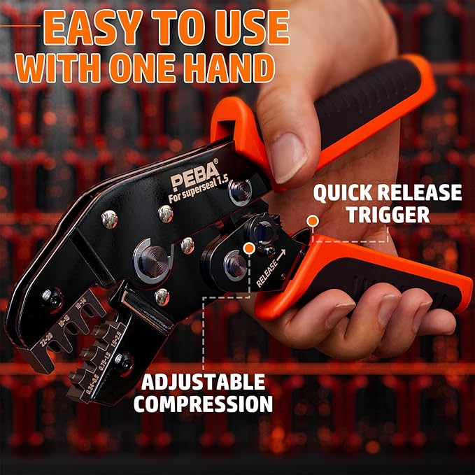 PEBA Crimping Tool Kit, Waterproof Automotive Electrical Wire Connector 1/2/3/4/5/6-Pin, Ratchet Crimper Tool AWG 22-14 for Waterproof Automotive Connectors, with Wire Stripper, Pin Removal Tool