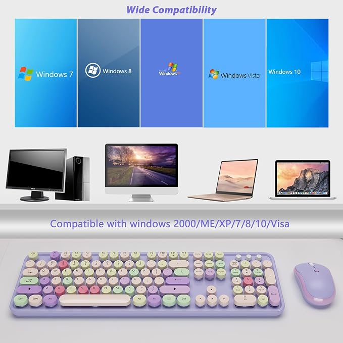 Wireless Typewriter Keyboard and Mouse - Wireless Keyboard with Silent Wireless Mouse, Cute Retro Keyboard Mouse Combo, 2.4G USB Computer Keyboard and Mouse for Windows Laptop/Desktop/PC(Purple)