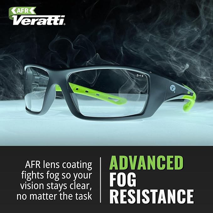 Veratti Spectrum Safety Glasses, Anti-Fog Indoor/Outdoor Lens, ANSI Z87.1 Certified, Impact Resistant, Gray/Green Frame