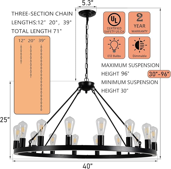 40" Black Wagon Wheel Chandelier,E26 16-Light Large Round Rustic Farmhouse Chandelier Industrial Pendant Light Fixtures for Dining Room Living Room Kitchen Island Entryway Foyer