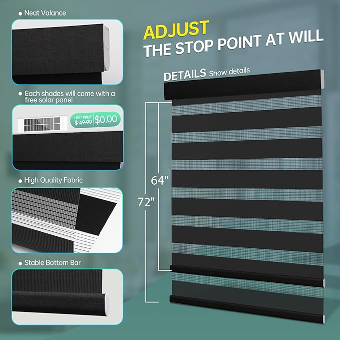 Motorized Zebra Blinds, Solar Powered Dual Layer Automatic Shades with Remote Control, Rechargeable Smart Blinds Horizontal Wireless Electric Shades for Windows, Custom Size, Black，34¼ x 72