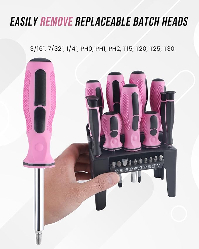 Lichamp 22-Piece Pink Tool Set, Small Magnetic Screwdriver set for Women with 10ft Tape Measure Pink