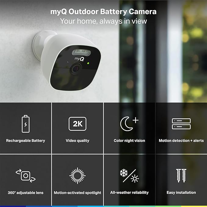 CHAMBERLAIN myQ Outdoor Battery Camera | 2K Camera, Color Night Vision, Spotlight, Motion Alerts, Live View with Two-Way Talk, Wireless, Weather-Resistant, Outdoor, White, 2 Pack