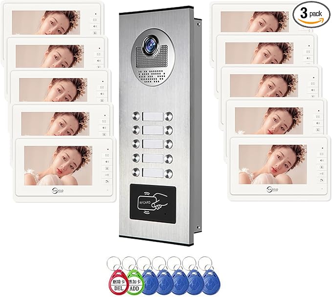 Wired Video Apartment Intercom System,6 Units 7 inch Monitor Video Door Phone Kit,Indoor Outdoor Video Doorbell, ID Card Unlock, 2 Way Audio, 6-Screen for Home Apartment (1 Doorbell+10 Monitor)