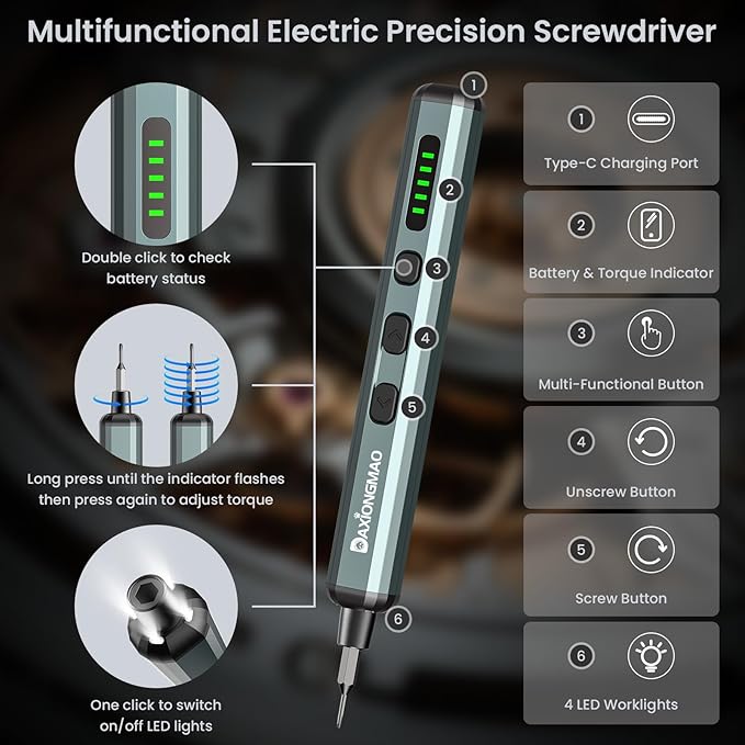 70-in-1 Cordless Electric Screwdriver Set with 64 S2 Steel Bits: 3.7V USB-C Rechargeable, 5 Torque Settings & 4 LED Lights, Mini Repair Kit for PC, RC Electronics, Phones, Laptops, Glasses, Clocks