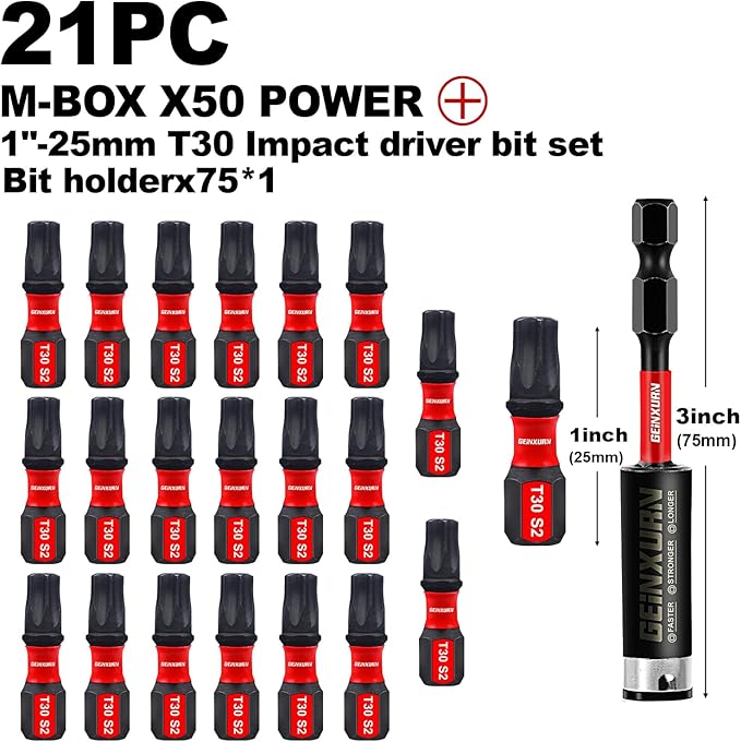 20Pieces 1 In. T30 Impact Tough Magnetic Screwdriver Bit Set, #30 Torx Head Insert Bits, S2 Alloy Steel Star Bits with 1Pc Impact Bit Holder and Storage M-Box