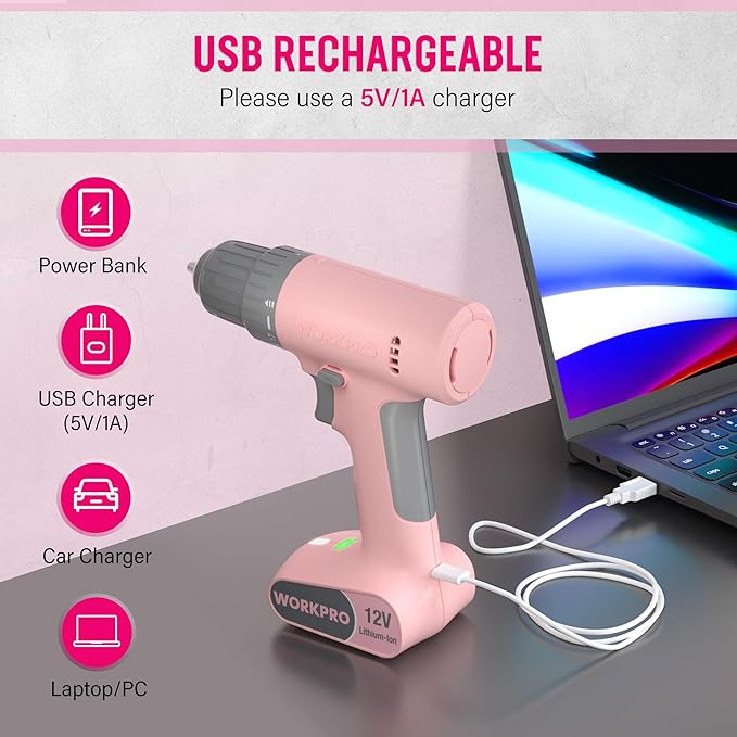 WORKPRO Pink Cordless Drill Driver Set, 12V Electric Power Drill Tool Kit with 6 Pcs Bits, 3/8-Inch Keyless Chuck, Variable Speed, 18 Touque Setting, Type-C Charge Cable, Led Light, Pink Ribbon
