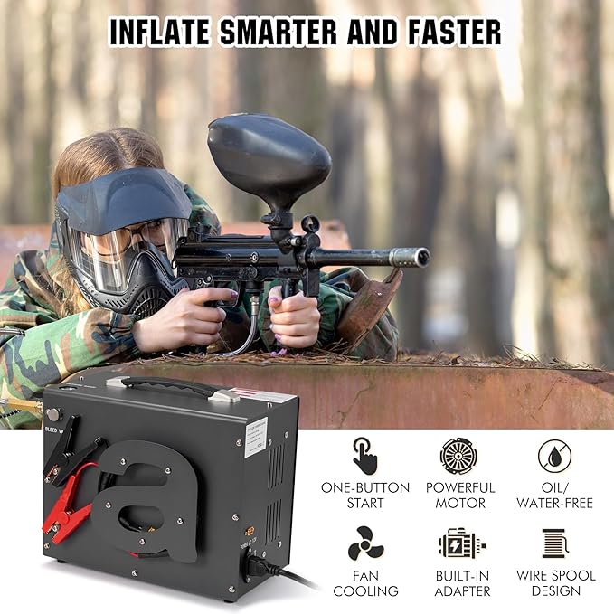 PCP Air Compressor, Airgun Compressor, Portable 4500Psi/30Mpa, Water/Oil-Free, One Button Start, Bursting disc, Built-in Fan, 12V DC 110V AC, Manual-stop, PCP Rifle/Pistol and Paintball Tank Air Pump