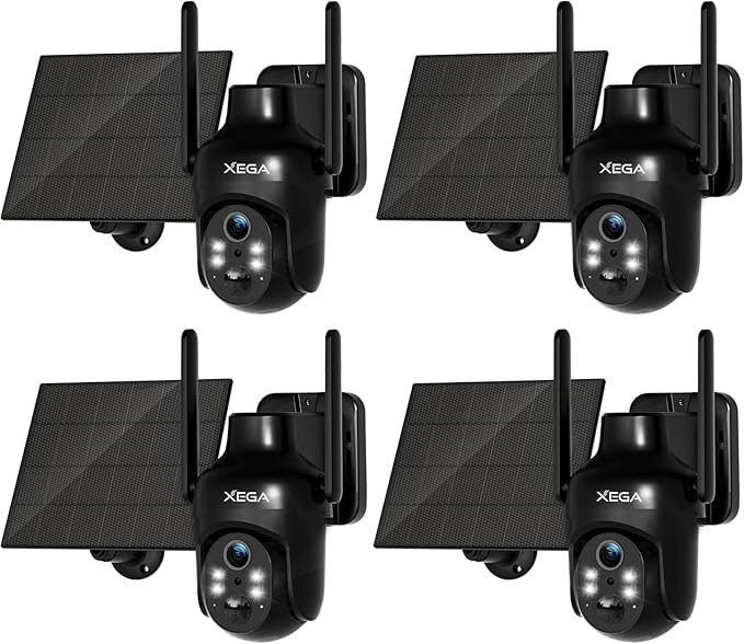 Xega 4 Pack Security Camera Wireless Outdoor, 2K PTZ Camera WiFi Surveillance Rechargeable Battery with Solar Panel, Color Night Vision, 2-Way Audio, PIR Motion Detection, Spotlight & Siren, IP66