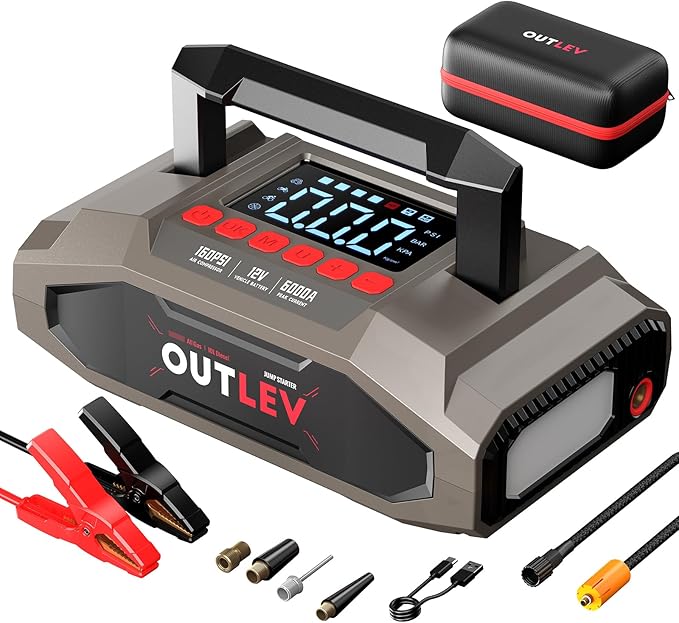 Jump Starter with Air Compressor (6000A 160PSI) - All-in-One Portable Jump Starter for Cars, Trucks, RV, Boat - Fast Charging, Safety Protection, Essential for Road Trips & Emergencies