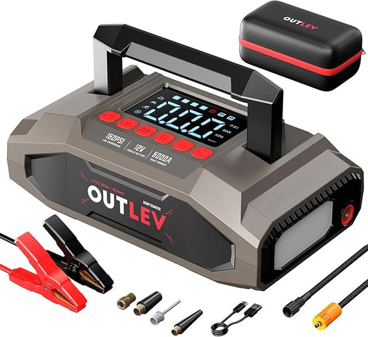 Jump Starter with Air Compressor (6000A 160PSI) - All-in-One Portable Jump Starter for Cars, Trucks, RV, Boat - Fast Charging, Safety Protection, Essential for Road Trips & Emergencies