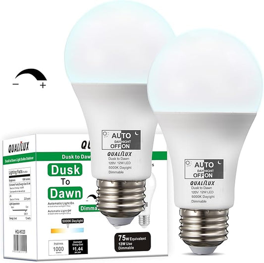 Dimmable Dusk to Dawn Light Bulbs Outdoor, Automatic Light Sensing Bulb, 1000LM, 75W Equivalent, Daylight, LED 12W, A19 E26 Base, 2 Pack, HQ-H029