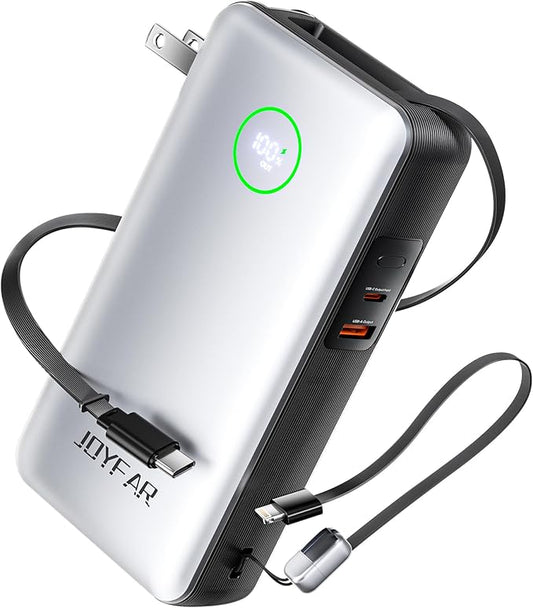 Portable Charger Power Bank - Laptop Battery Pack 65W AC Plug GaN 25000mAh Built in Cable USB C Phone Fast Charging Compatible with iPhone 16 15 14 13 12 11 X iPad MacBook Samsung (White)