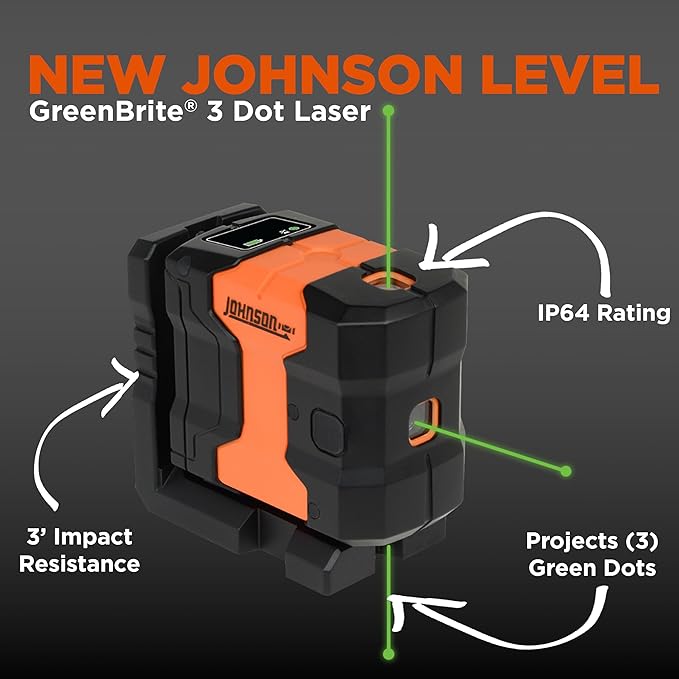 Johnson Level & Tool JDT300-GN3D Laser Level, Self-Leveling Kit 3 Dot Laser with GreenBrite® Technology, Magnetic Base, Hard-shell Carry Case, Floor Mount