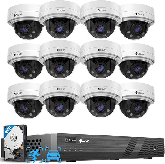 4COVR 16 Channel AutoFocus Security Camera System PoE, 12Pcs IK10 Vandal-Proof 5MP 2.8-12mm Dome IP Camera for Business, IP67 Human/Vehicle Detection, 16CH Commercial 4K NVR 4TB HDD, LY57BA5M1612