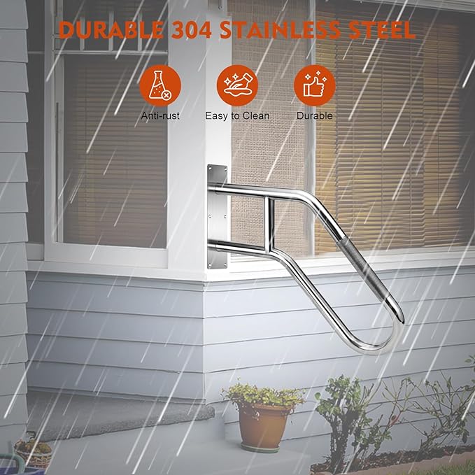 2025 Upgrade Handrails for Outdoor Steps Wall Mount Handrail, 304 Stainless Steel 1 to 3 Steps Stairs Anti-Slip Hand Rail, Deck Wall Mounted Grab Bars Suitable for Indoor, Garage, Porch, Garden