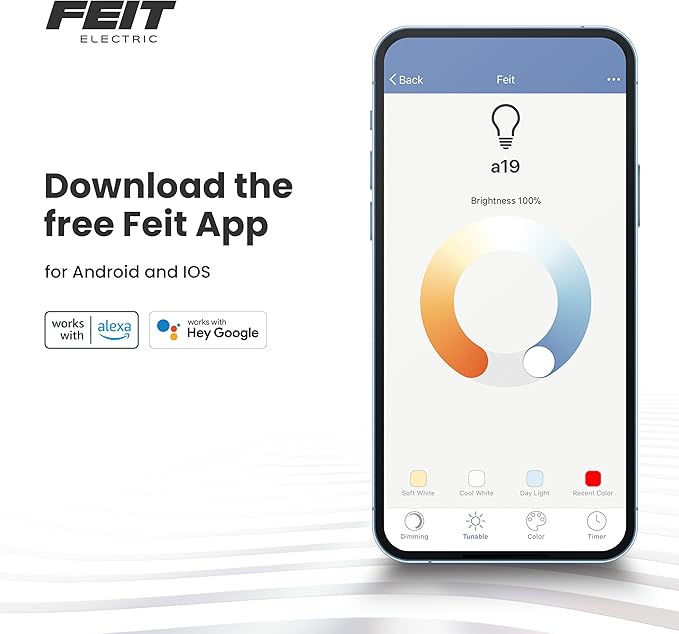 Feit Electric OM60/RGBW/CA/AG Smart WiFi Color Changing and Dimmable, Alexa or Google Assistant, No Hub Required A19 LED Light Bulb, 60W