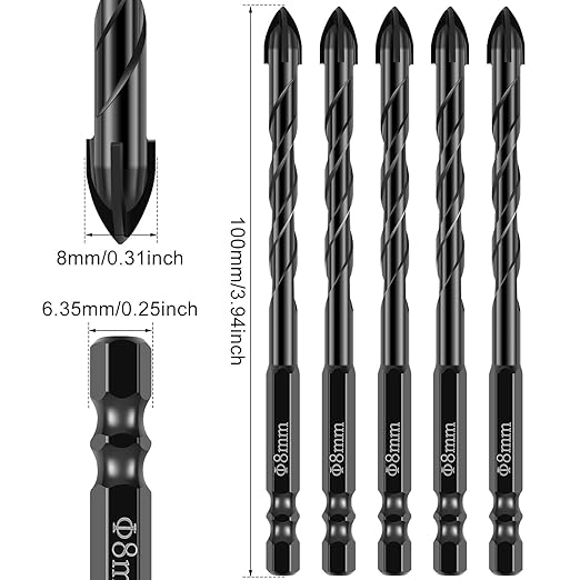 20Pcs Concrete Drill Bit Set 8mm Alloy Masonry Drill Bit Set Stable Carbide Tipped Tile Drill Bit Cross Head 1/4 Hex Shank Drilling Hole Bit for Concrete Cement Brick Wood (8mm 20pcs)