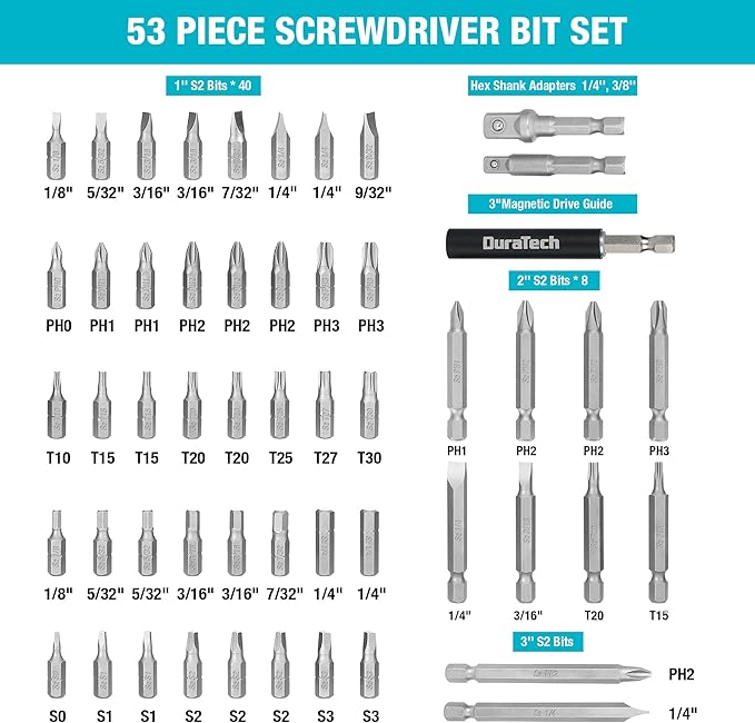 DURATECH 53-Piece Screwdriving Bit Set with Tough Case, S2 Steel Screwdriving Set with 3" Magnetic Drive Guide, 1", 2" & 3" Long Screwdriver Bit Assorted Set for Drill Drivers