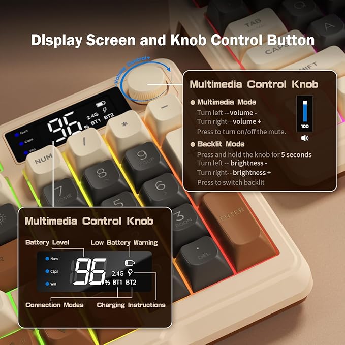 ZIYOU LANG M96 Wireless Gaming Silent Membrane Keyboard,Display Screen & Knob with Multimedia Keys Dual Mode Bluetooth/2.4Ghz,Rainbow Backlight 94Keys Ball Shape PBT Keycap ANSI Layout for Win/Mac