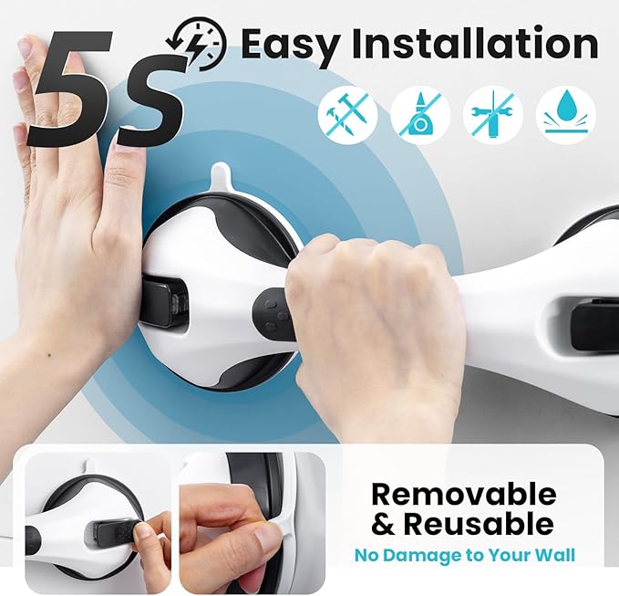 TAILI Shower Grab Bar Glow in The Dark, 2 Pack 12.2 in Grab Bars for Bathtubs and Showers, Shower Handle Shower Rail for Seniors and Elderly,Bathroom Safety Grip Removable No Drilling Waterproof Black