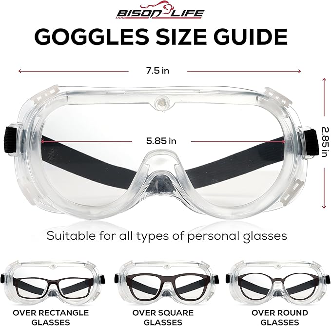BISON LIFE Clear Anti-Fog Safety Goggles, Chemical Splash Resistant, Adjustable Strap, Anti-Scratch Eye Protection Glasses