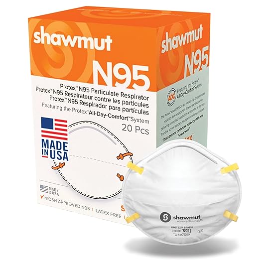 Shawmut Protex™ N95 Mask, Made in the USA NIOSH Approved, Particulate Respirators, Protective Face Mask for Dust, Construction, Medical, 1 Pack of 20 (Approval Number TC-84A-9295 / Model SR9520)