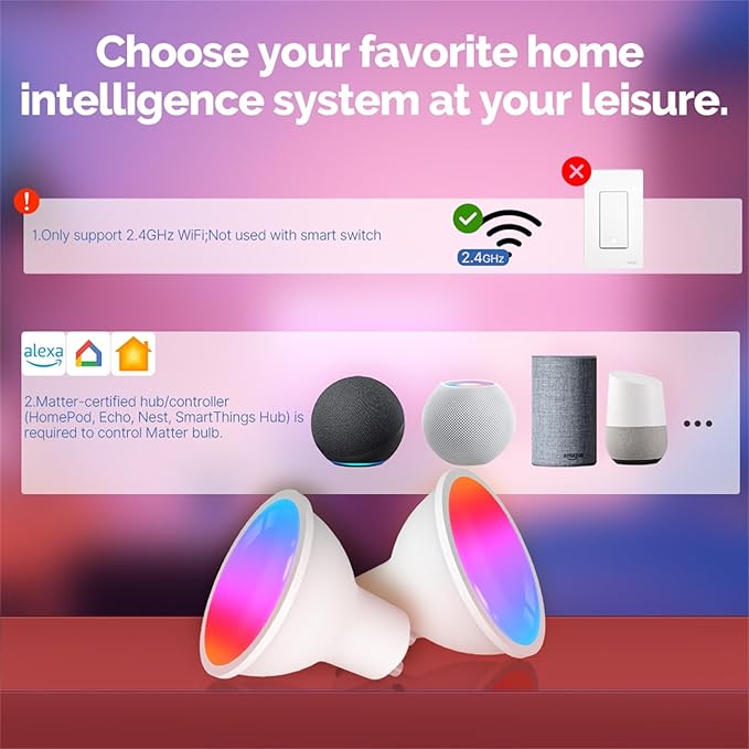 MOES Matter Smart GU10 LED Light Bulbs, Color Changing WiFi Smart Bulbs, 2700K-6500K CW& RGB Dimmable, Smart Life Remote Control, Work with Apple Homekit/Alexa/Google Home, 400lm 5W 1 Pack