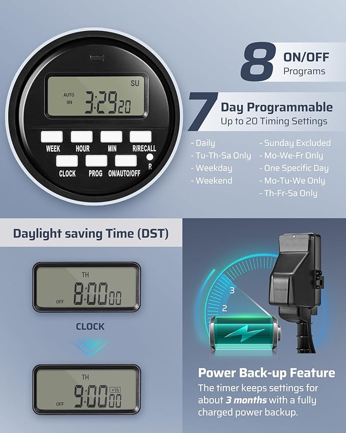DEWENWILS Outdoor Digital Power Strip Timer, Outdoor Multi Socket Timer, Waterproof 6 Outlet Garden Power Stake, 6ft Cord, Outdoor Timer for Halloween/Christmas Lights, Yard, Garden, 15A Heavy Duty