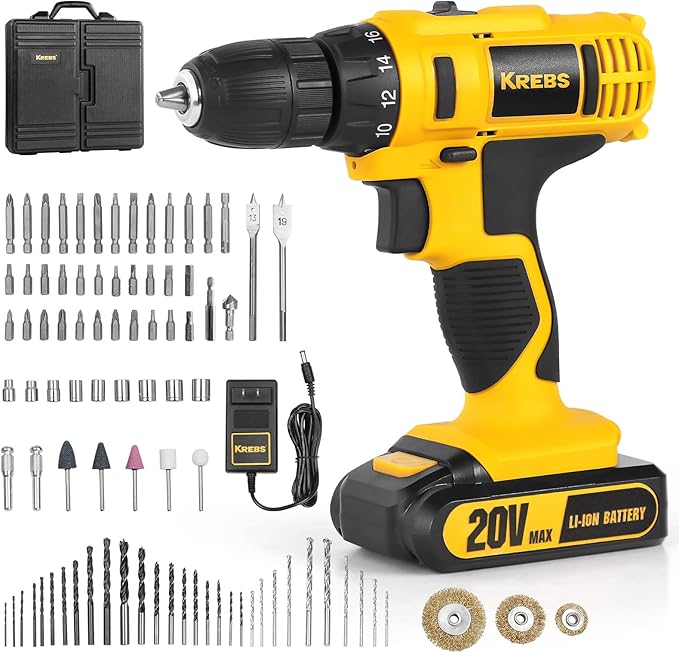KREBS 20V Cordless Drill Electric Power Drill Set 3/8” Keyless Chuck 265 in-lbs Torque 18+1 Position Drill Driver Kit LED Light 88pcs Accessories for Furniture Assembly, DIY Project, Home Improvement.