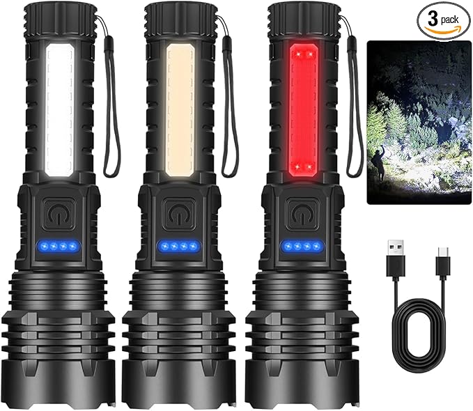 3Pack Rechargeable Flashlights, 7Mode Flashlights High Lumens L2000, Super Bright LED Flashlight, Adjustable Tactical Flash Light, High Powered Flash Light, Handheld Flashlight for Home Emergency