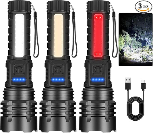 3Pack Rechargeable Flashlights, 7Mode Flashlights High Lumens L2000, Super Bright LED Flashlight, Adjustable Tactical Flash Light, High Powered Flash Light, Handheld Flashlight for Home Emergency