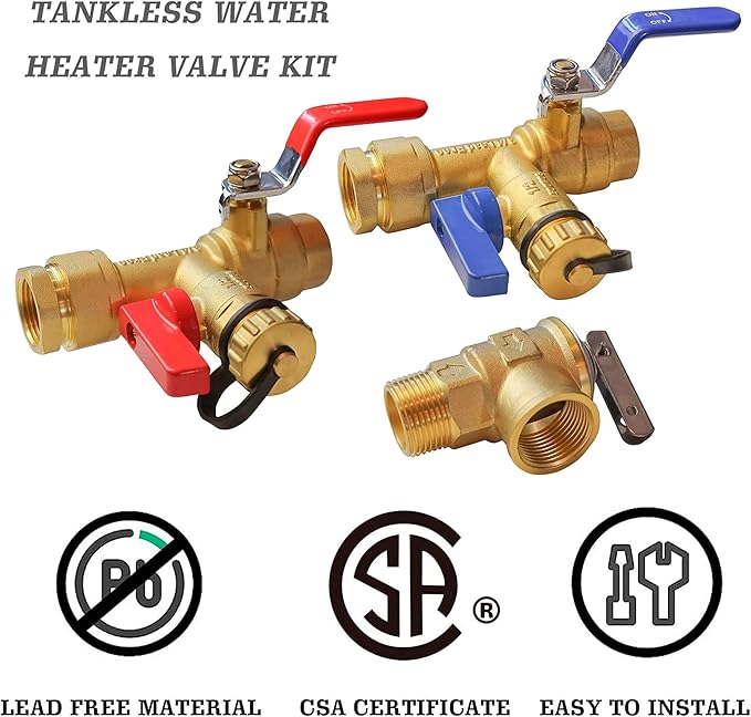 3/4 Inch IPS Isolator Tankless Water Heater Service Valve Kit, with Pressure Relief Valve, Clean Brass