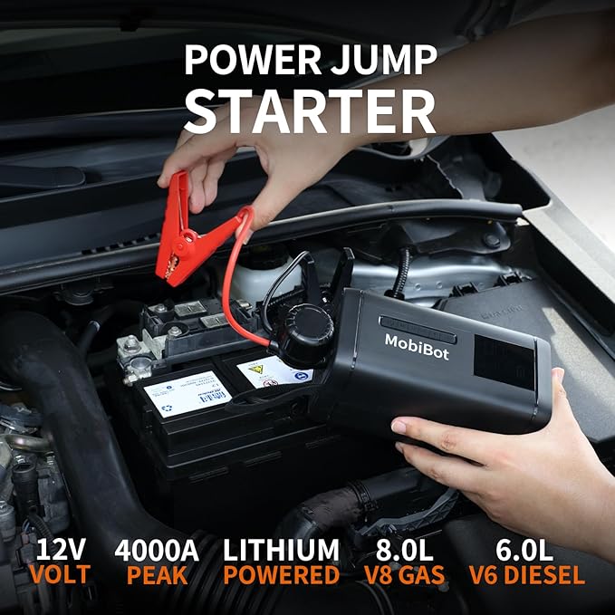 4-in-1 Dual Cylinder tire inflator with Jump Starter,4000A Portable Car Battery Charger up to 8.0L Engine,160 PSI Dual Power Car Air Pump Cordless Air Compressor,20000 mAh PD 65W Powerbank