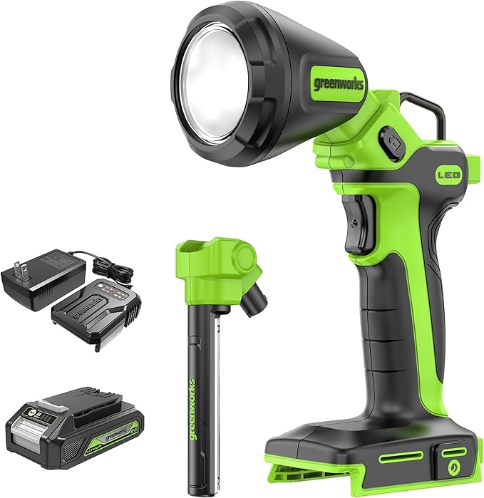 Greenworks 24V 2-in-1 Magnetic Work Light, 650 Lumens LED Spotlight and Project Light Tube, Pivoting Head, 3 Mode, SOS Function, with 2Ah Battery and Charger